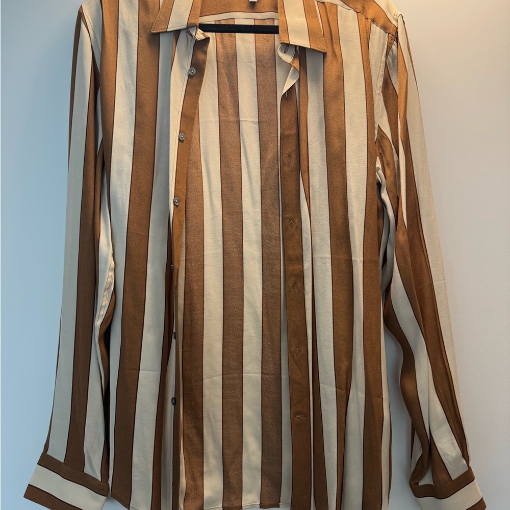 Reiss Men's Shirt with Brown and Cream Stripes